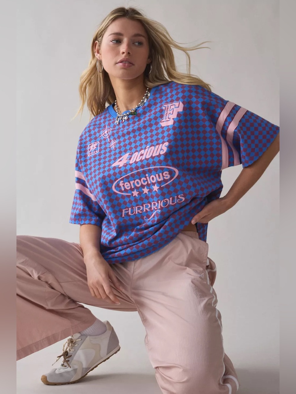 (UO-125) Urban Outfitters BDG Furrious Rowan Graphic Oversized Checkerboard Jers